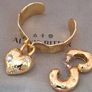 Alexis Bittar Gold Heart Charm Cuff Bracelet with Crystal-Accent Hoop Earrings